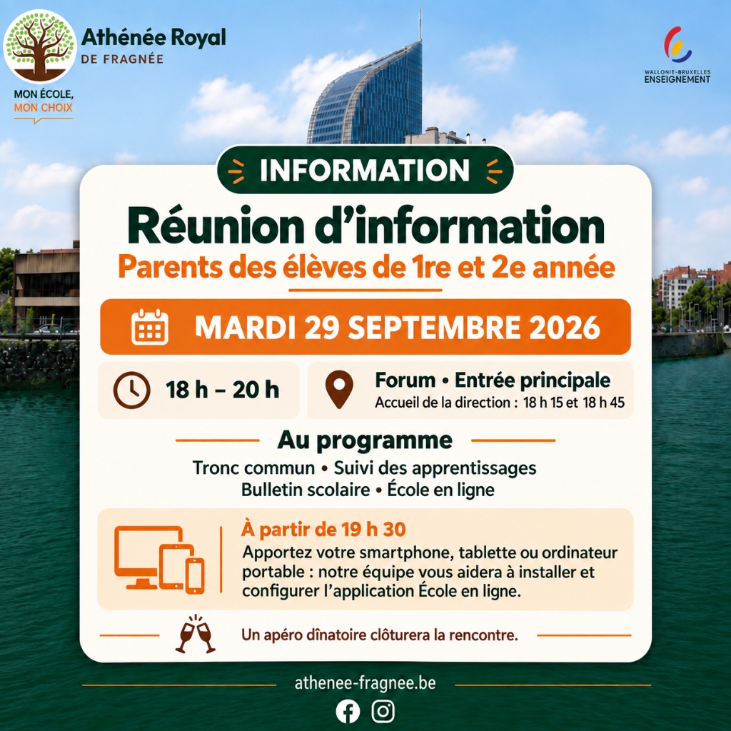 Réunion d'information Parents des élèves de 1re et 2e année - Mardi 29 Septembre 2026 de 18h à 20h au Forum